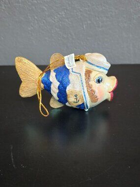 Katherine's Collection Sailor Fish Ornament 2002 Nautical Anchor Glitter Blue